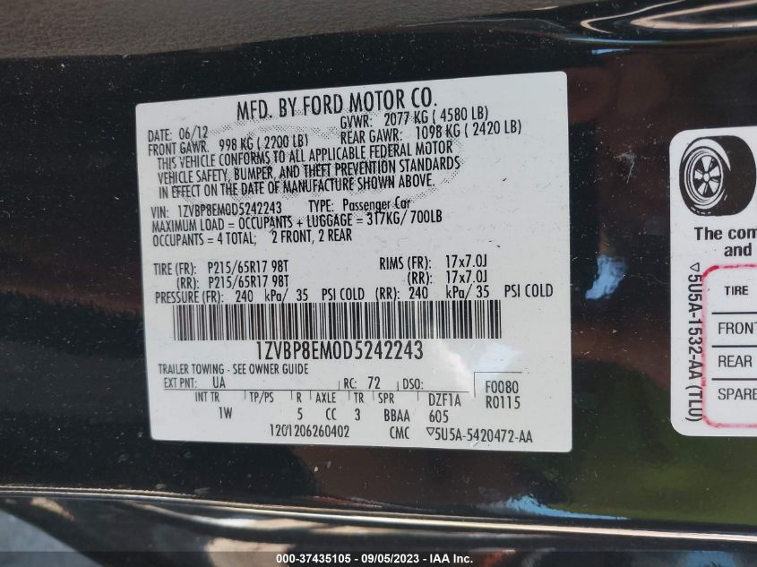 2013 FORD MUSTANG V6 - 1ZVBP8EM0D5242243