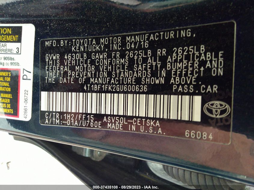 2016 TOYOTA CAMRY XLE/SE/LE/XSE - 4T1BF1FK2GU600636