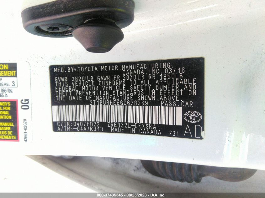 2016 TOYOTA COROLLA L/LE/S/S PLUS/LE PLUS - 2T1BURHE6GC628369