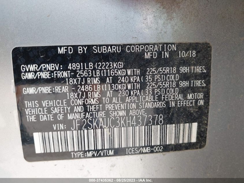 2019 SUBARU FORESTER LIMITED - JF2SKAUC3KH437378