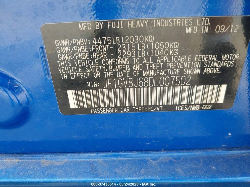 2013 SUBARU IMPREZA WRX STI JF1GV8J68DL007502