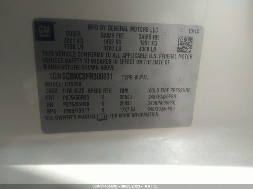 2015 CHEVROLET TAHOE LT - 1GNSCBKC3FR309931