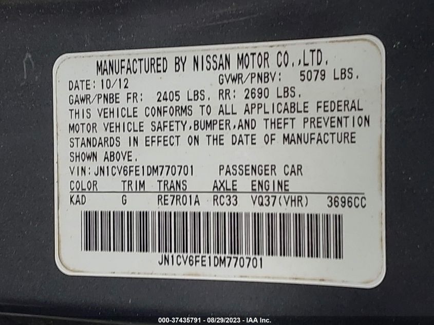 2013 INFINITI G37 CONVERTIBLE BASE JN1CV6FE1DM770701
