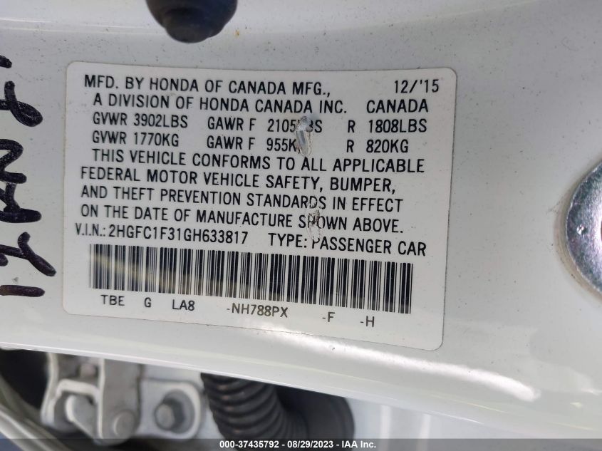 2016 HONDA CIVIC EX-T - 2HGFC1F31GH633817