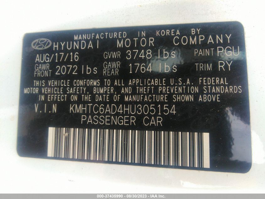 2017 HYUNDAI VELOSTER - KMHTC6AD4HU305154