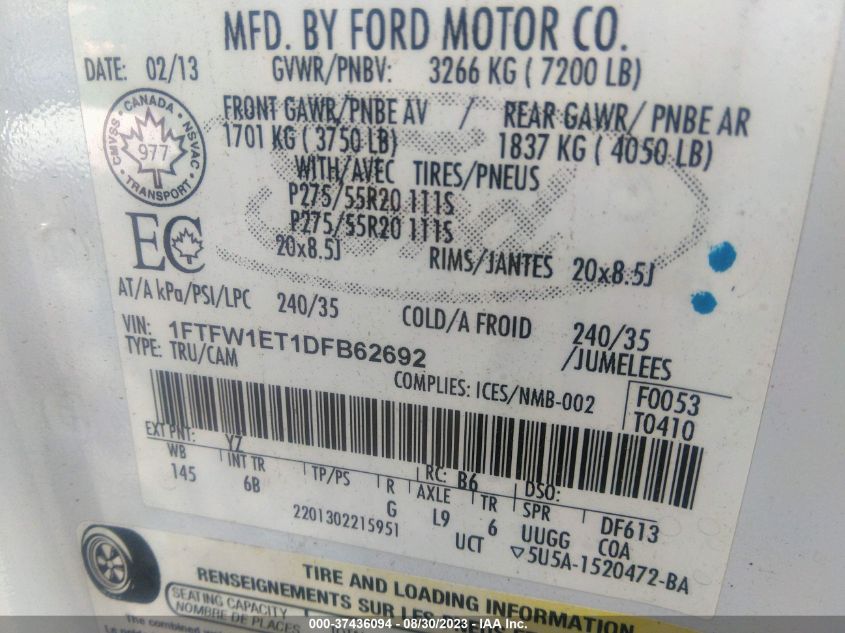 2013 FORD F-150 XL/XLT/FX4/LARIAT - 1FTFW1ET1DFB62692