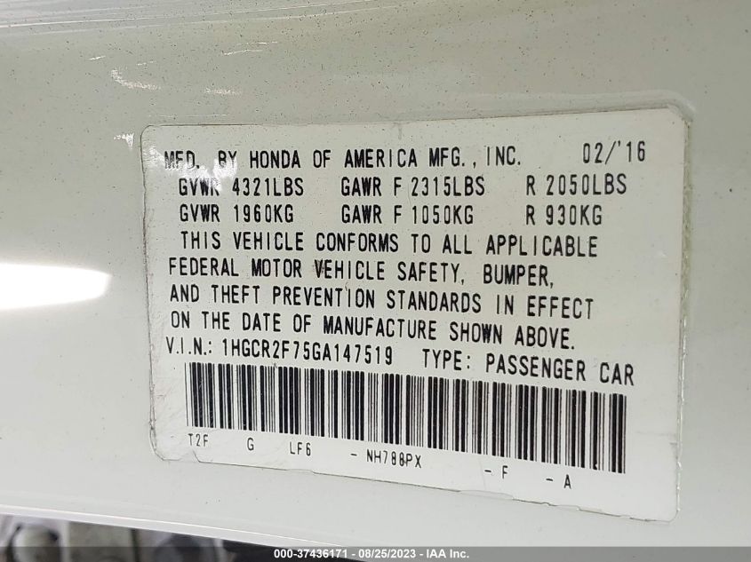 2016 HONDA ACCORD SEDAN EX - 1HGCR2F75GA147519
