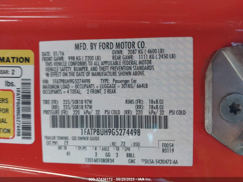2016 FORD MUSTANG ECOBOOST PREMIUM - 1FATP8UH9G5274498