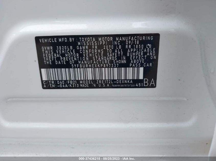 2019 TOYOTA COROLLA L/LE/SE/XLE/XSE - 5YFBURHEXKP897337