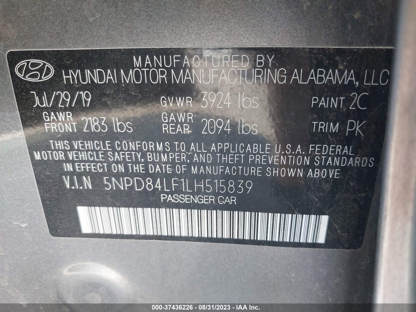 VIN 5NPD84LF1LH515839 2020 HYUNDAI ELANTRA SEL/VALUE/LIMITED
