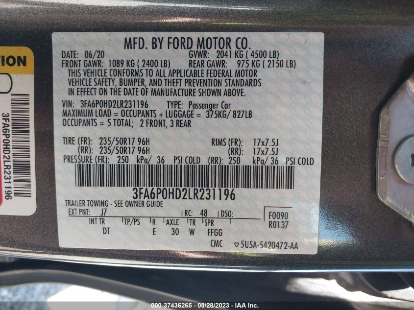 2020 FORD FUSION SE - 3FA6P0HD2LR231196