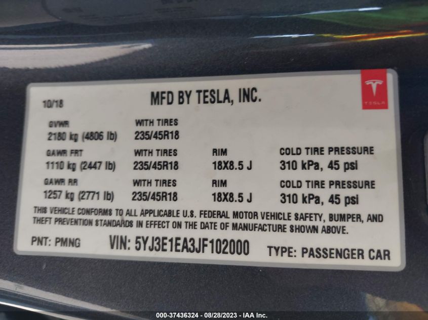 2018 TESLA MODEL 3 RANGE BATTERY - 5YJ3E1EA3JF102000