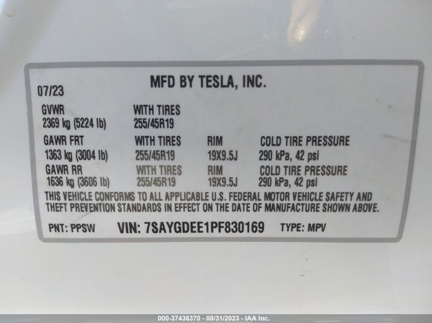 7SAYGDEE1PF830169 Tesla Model Y  9