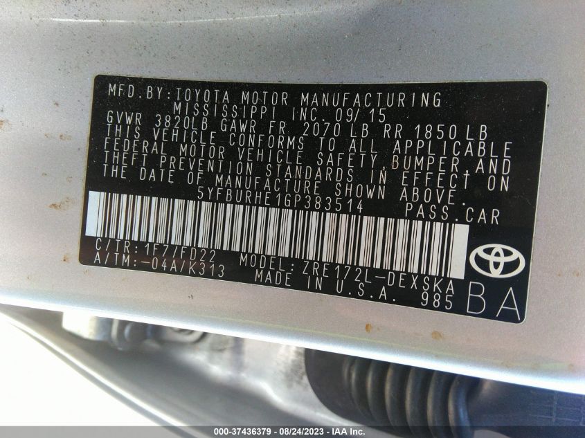 2016 TOYOTA COROLLA L/LE/S/S PLUS/LE PLUS - 5YFBURHE1GP383514