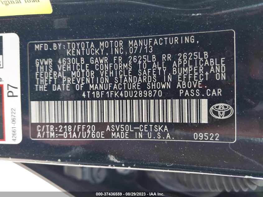 2013 TOYOTA CAMRY L/LE/SE/XLE - 4T1BF1FK4DU289870