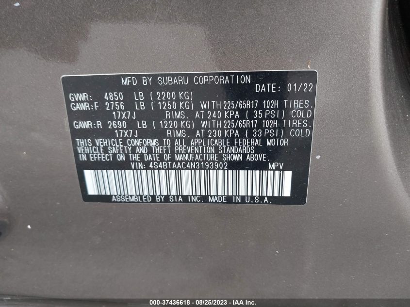 2022 SUBARU OUTBACK - 4S4BTAAC4N3193902