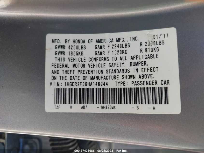2017 HONDA ACCORD SEDAN LX - 1HGCR2F36HA146944