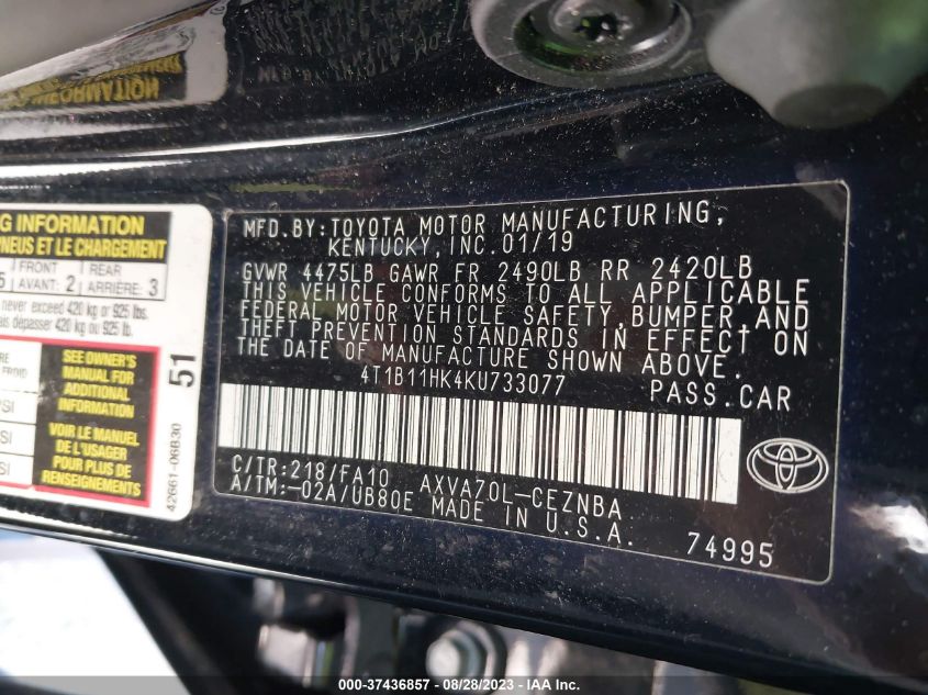2019 TOYOTA CAMRY L/LE/XLE/SE/XSE - 4T1B11HK4KU733077