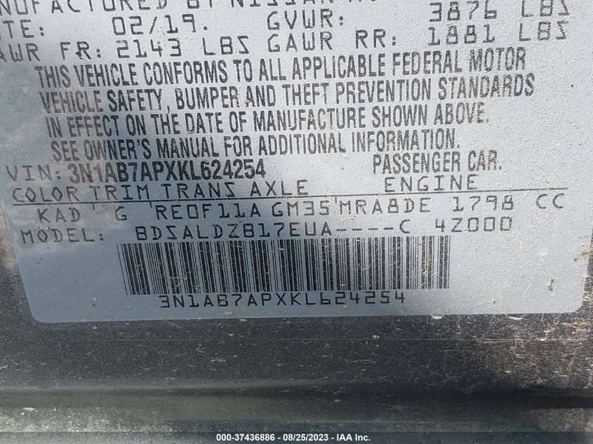 2019 NISSAN SENTRA SV - 3N1AB7APXKL624254