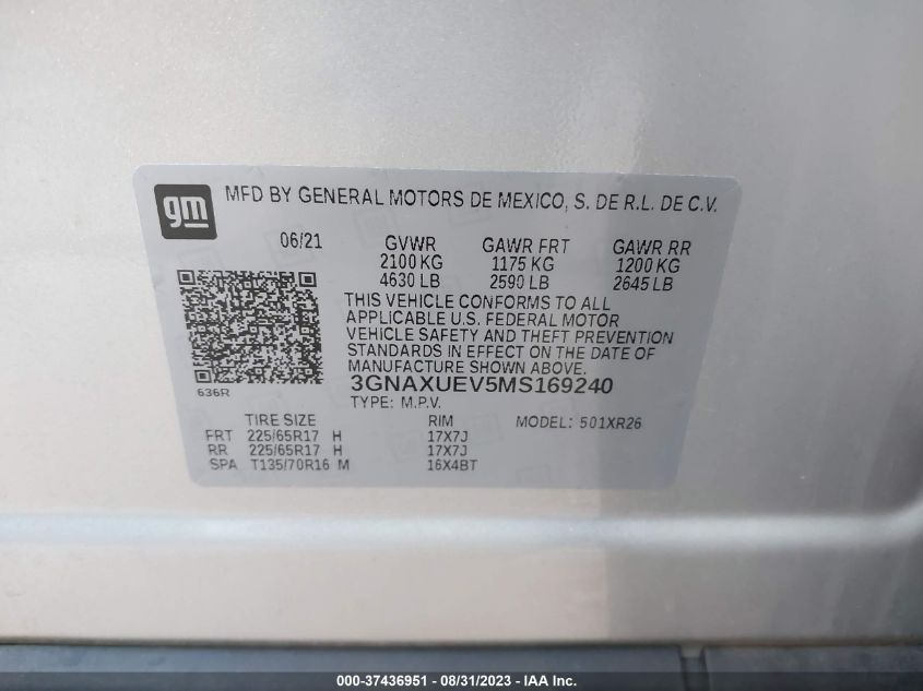 2021 CHEVROLET EQUINOX LT - 3GNAXUEV5MS169240