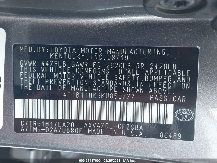 2019 TOYOTA CAMRY LE/SE/XLE/L - 4T1B11HK3KU850777