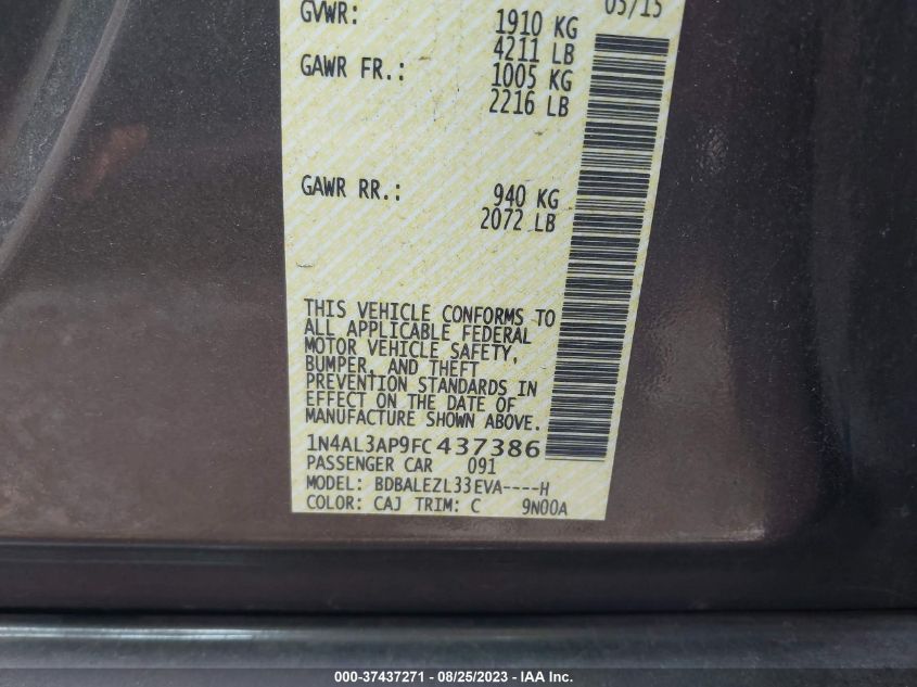 2015 NISSAN ALTIMA 2.5/S/SV/SL - 1N4AL3AP9FC437386