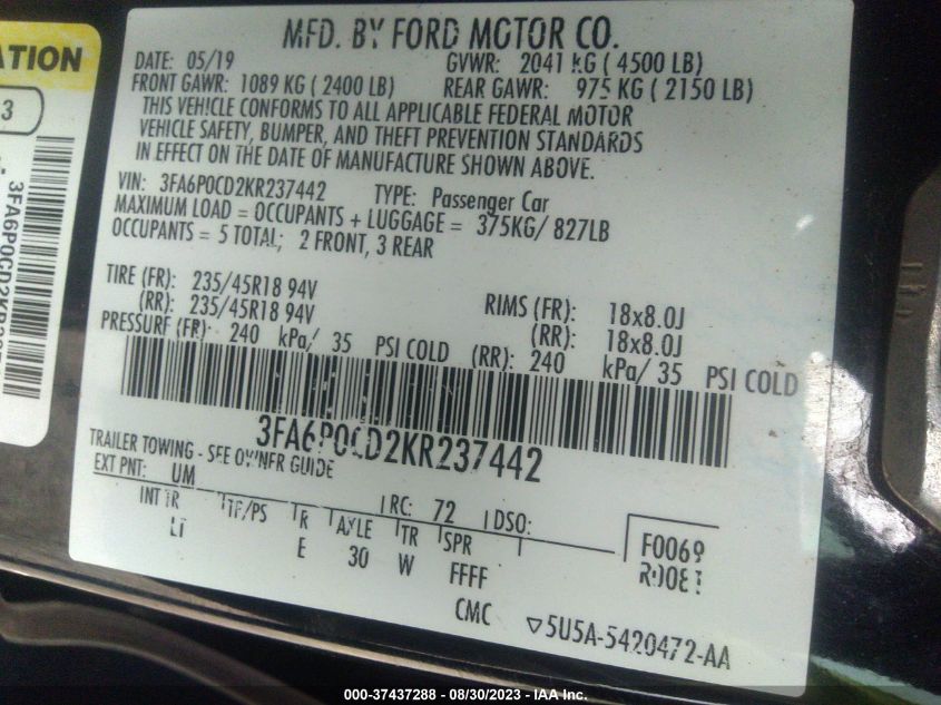 2019 FORD FUSION SEL - 3FA6P0CD2KR237442