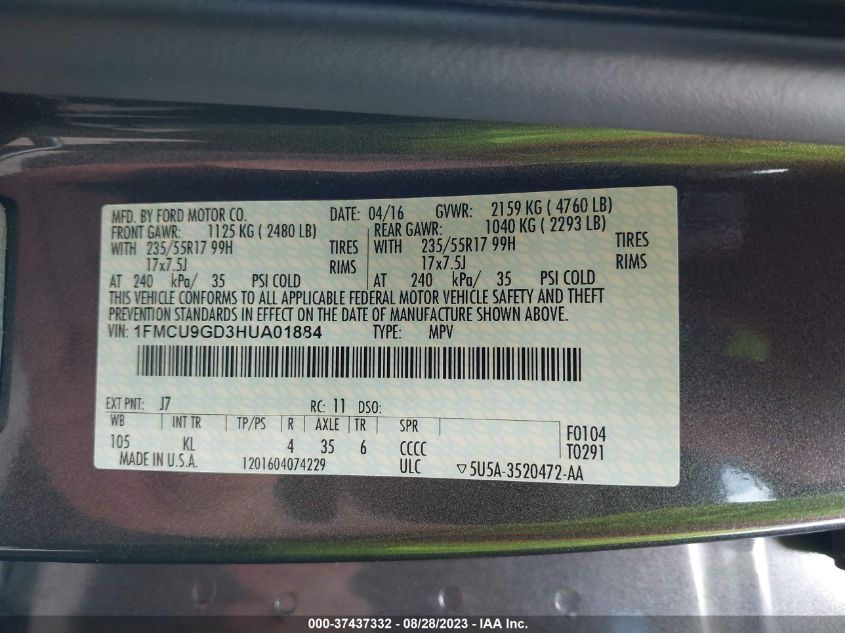 2017 FORD ESCAPE SE - 1FMCU9GD3HUA01884