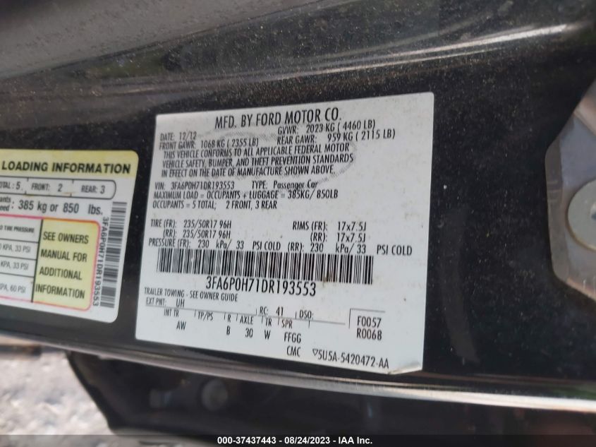 2013 FORD FUSION SE - 3FA6P0H71DR193553