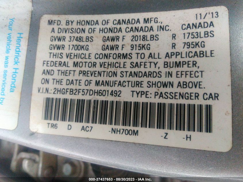 2013 HONDA CIVIC SDN LX - 2HGFB2F57DH601492