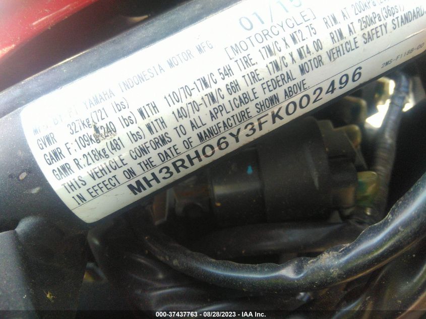 2015 YAMAHA YZFR3 MH3RH06Y3FK002496