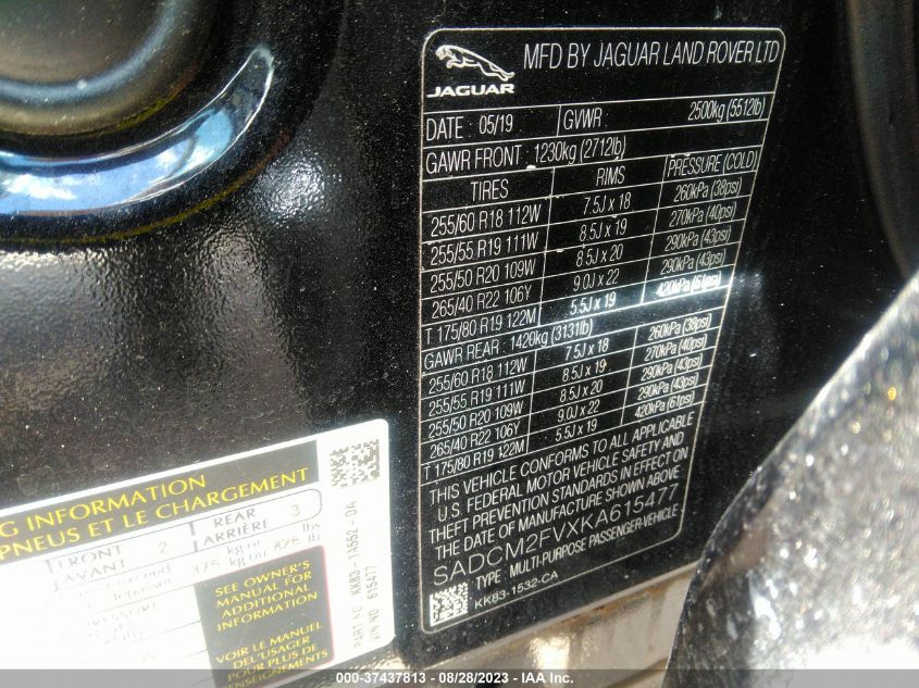 2019 JAGUAR F-PACE S - SADCM2FVXKA615477