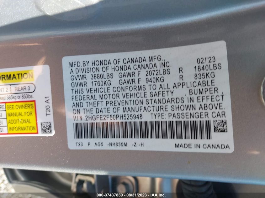 2023 HONDA CIVIC SEDAN SPORT - 2HGFE2F50PH525948