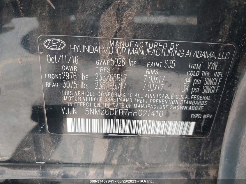 VIN 5NMZUDLB7HH021410 2017 HYUNDAI SANTA FE SPORT
