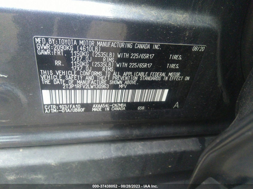 VIN 2T3P1RFV2LW130963 2020 TOYOTA RAV4 XLE/XLE PREMIUM