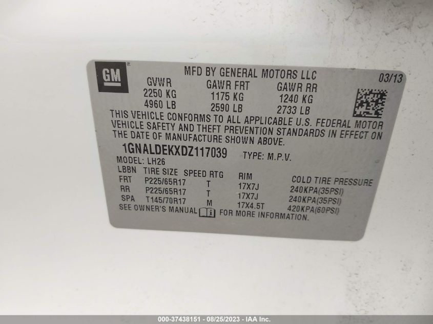 2013 CHEVROLET EQUINOX LT - 1GNALDEKXDZ117039