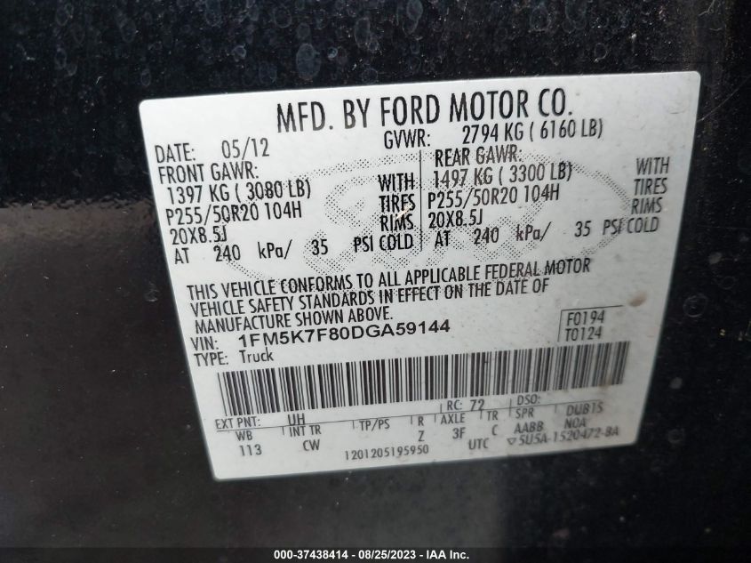 2013 FORD EXPLORER LIMITED - 1FM5K7F80DGA59144