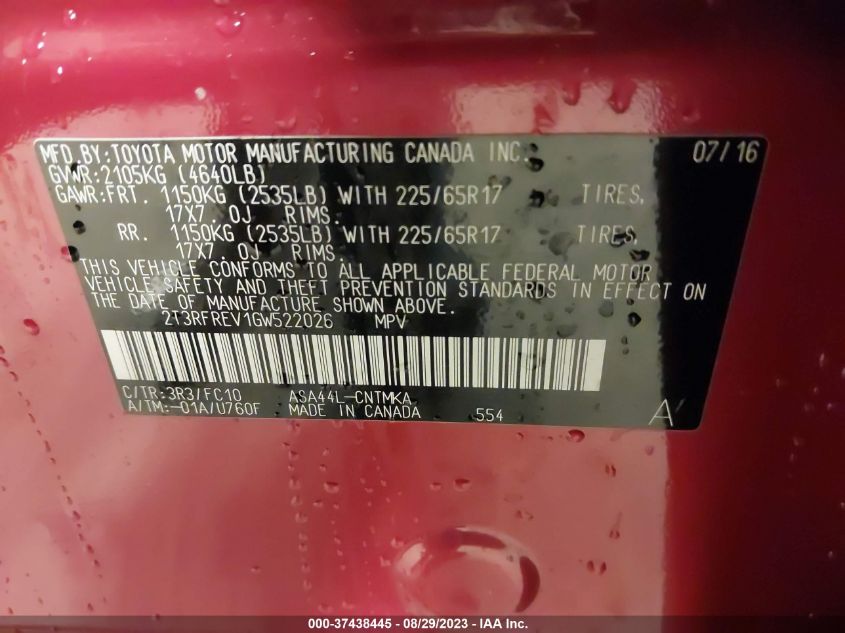 2016 TOYOTA RAV4 XLE - 2T3RFREV1GW522026