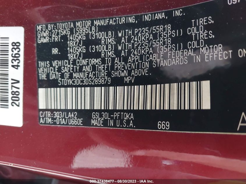 2013 TOYOTA SIENNA XLE AAS/XLE/LTD - 5TDYK3DC3DF289879