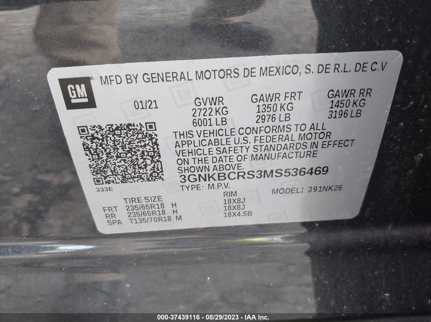 VIN 3GNKBCRS3MS536469 2021 CHEVROLET BLAZER LT