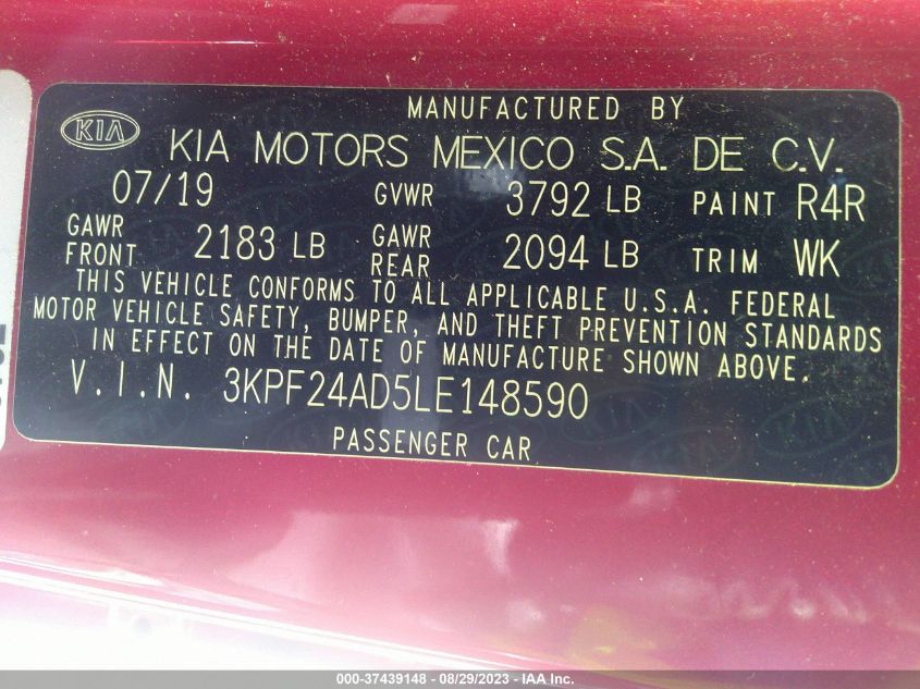 2020 KIA FORTE FE/LXS - 3KPF24AD5LE148590