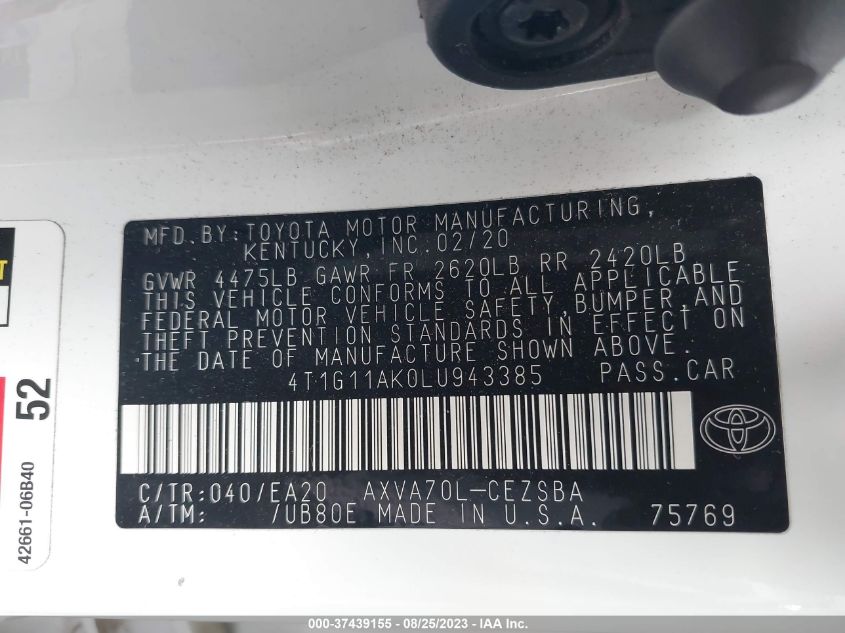 2020 TOYOTA CAMRY SE - 4T1G11AK0LU943385