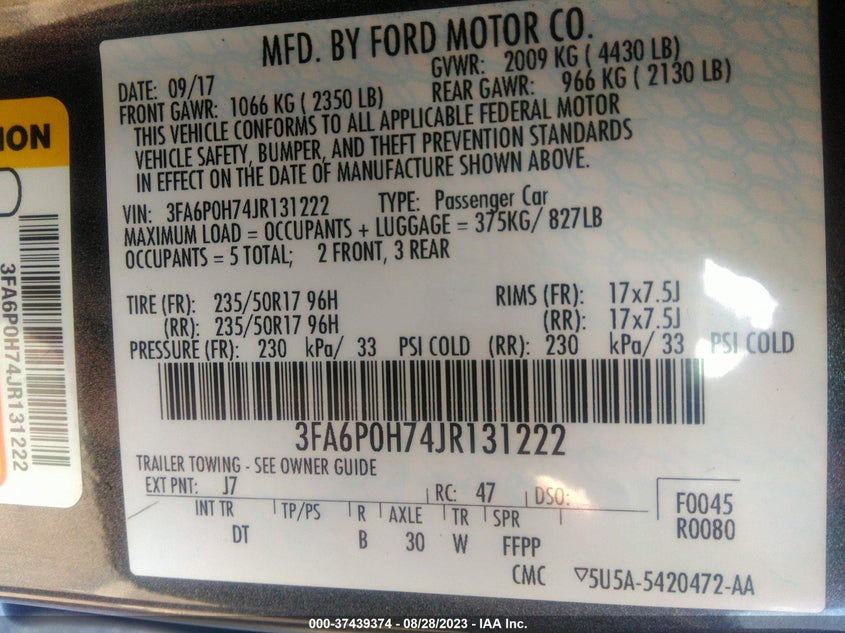 VIN 3FA6P0H74JR131222 2018 FORD FUSION SE