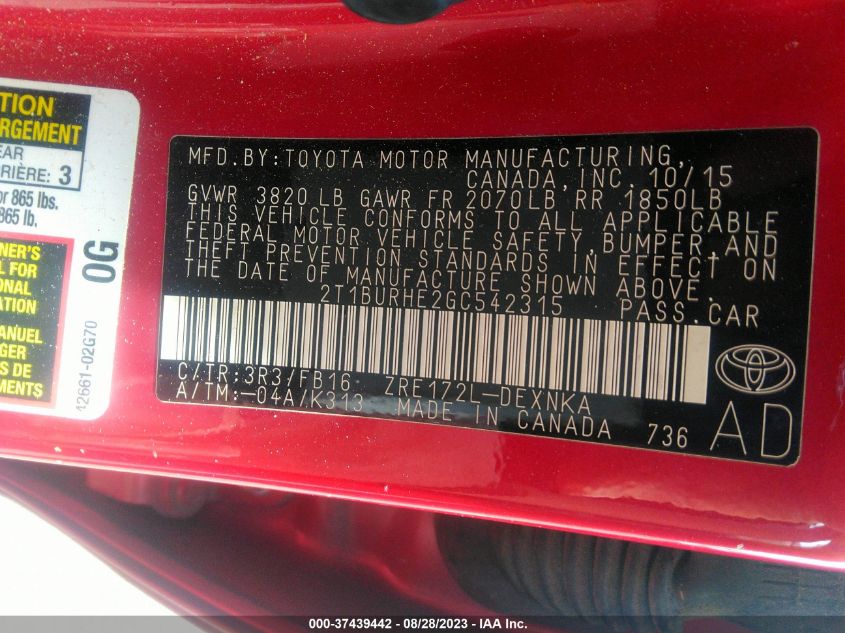 2016 TOYOTA COROLLA L/LE/S/S PLUS/LE PLUS - 2T1BURHE2GC542315