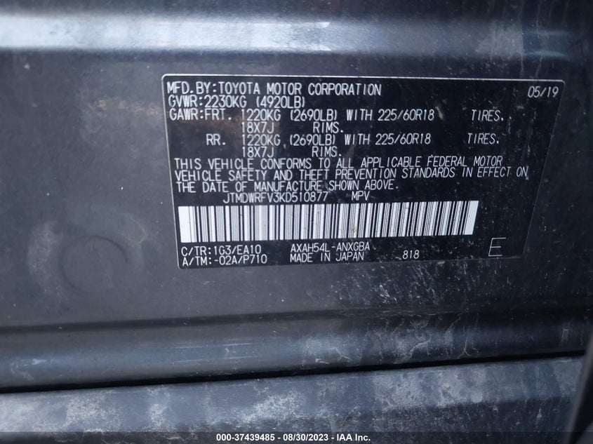 VIN JTMDWRFV3KD510877 2019 TOYOTA RAV4 HYBRID LIMITED