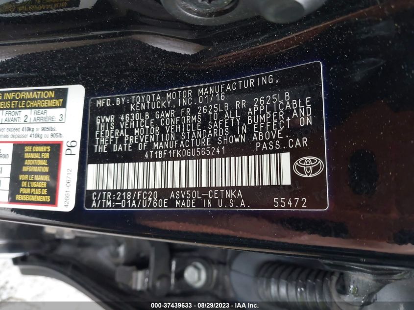 2016 TOYOTA CAMRY XLE/SE/LE/XSE - 4T1BF1FK0GU565241