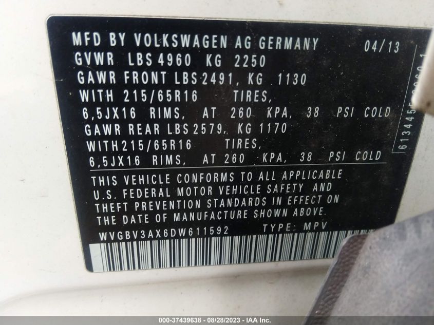 2013 VOLKSWAGEN TIGUAN S/SE/SEL - WVGBV3AX6DW611592