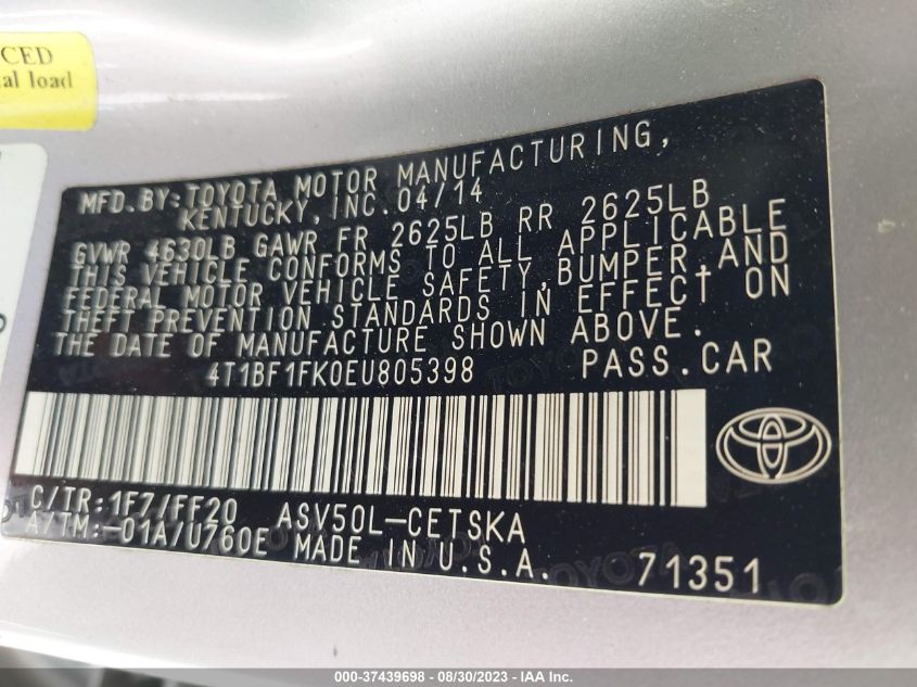 2014 TOYOTA CAMRY L/LE/XLE/SE/SE SPORT - 4T1BF1FK0EU805398