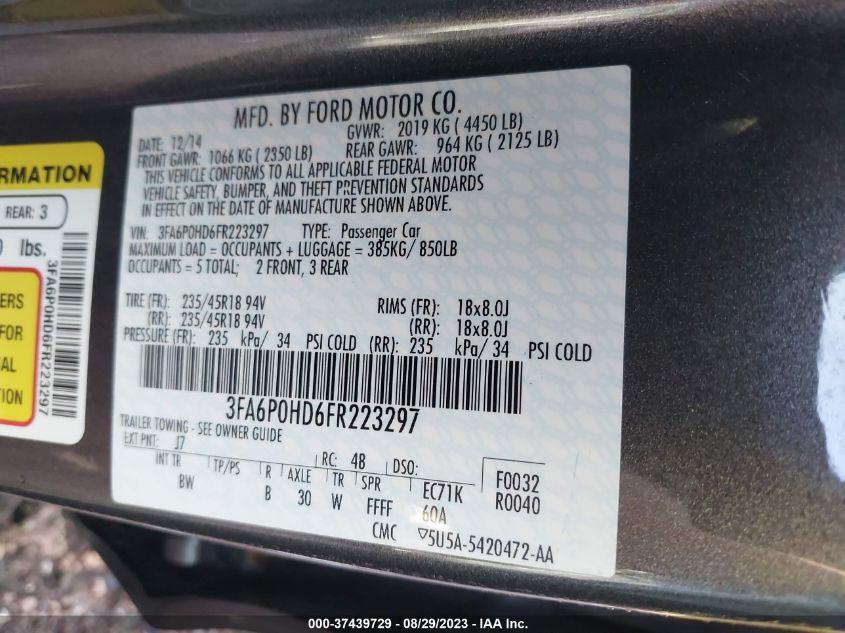 2015 FORD FUSION SE - 3FA6P0HD6FR223297