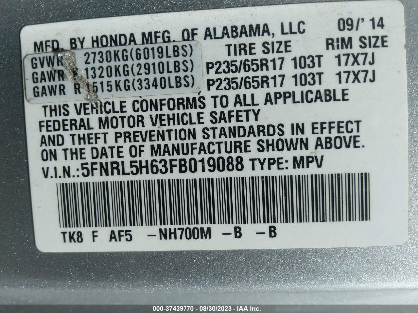 2015 HONDA ODYSSEY EX-L - 5FNRL5H63FB019088